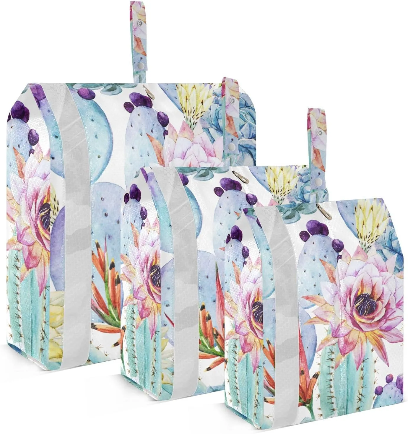 Watercolor Cactus Packing Cubes Set of 3, Lightweight Travel Luggage Organizers Foldable Bags for Easy Packing and Organization