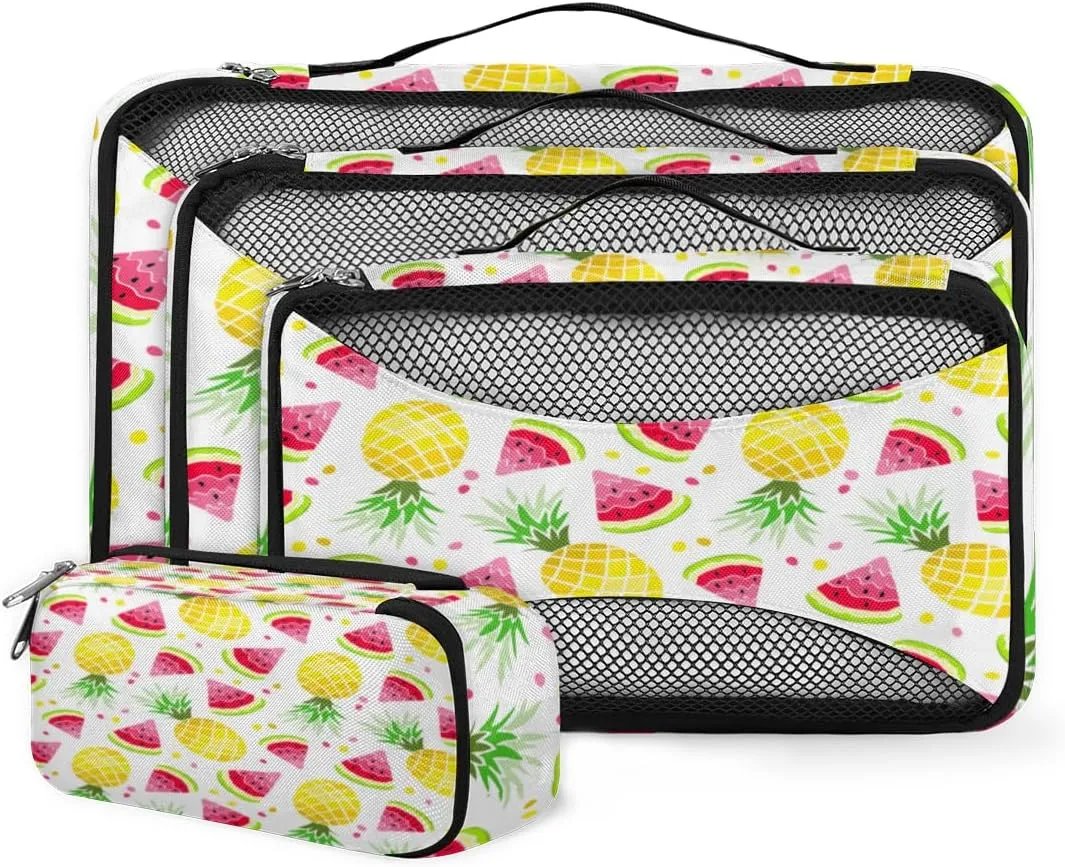 Watermelon And Pineapple 4 Piece Packing Travel Organizer Cubes Set Mesh Fabric Ventilate Design Lightweight Travel Accessories 4 Sizes (Extra Large, Large, Medium, Small)