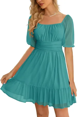 Wenrine Womens Puff Short Sleeve Mini Dress Mesh Square Neck High Waist Ruffle Hem Flowy Party A Line Dress