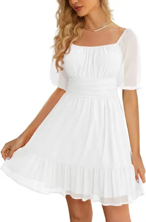 Wenrine Womens Puff Short Sleeve Mini Dress Mesh Square Neck High Waist Ruffle Hem Flowy Party A Line Dress