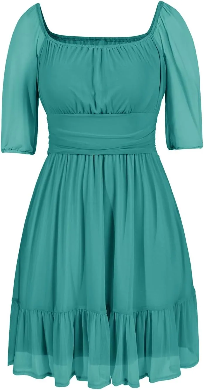 Wenrine Womens Puff Short Sleeve Mini Dress Mesh Square Neck High Waist Ruffle Hem Flowy Party A Line Dress