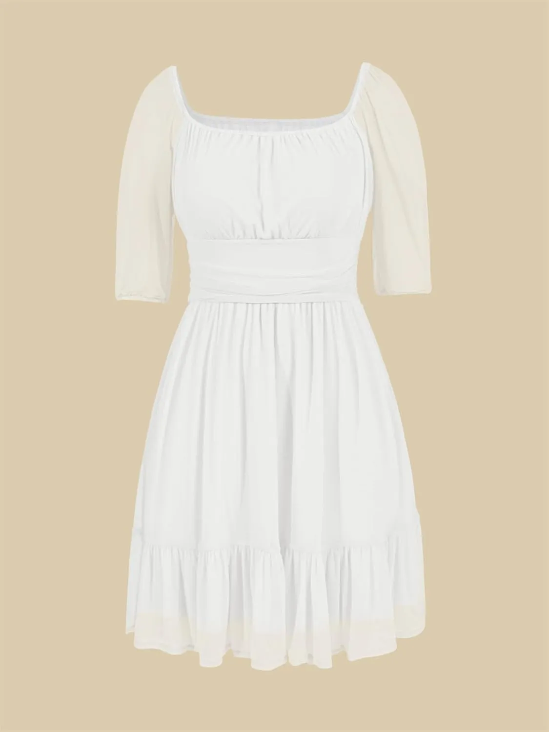 Wenrine Womens Puff Short Sleeve Mini Dress Mesh Square Neck High Waist Ruffle Hem Flowy Party A Line Dress