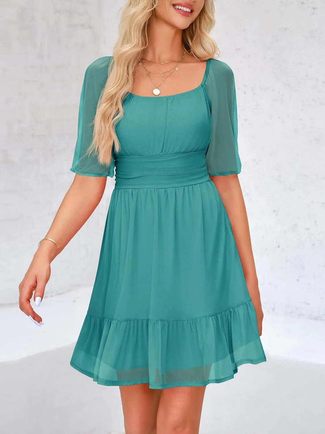 Wenrine Womens Puff Short Sleeve Mini Dress Mesh Square Neck High Waist Ruffle Hem Flowy Party A Line Dress