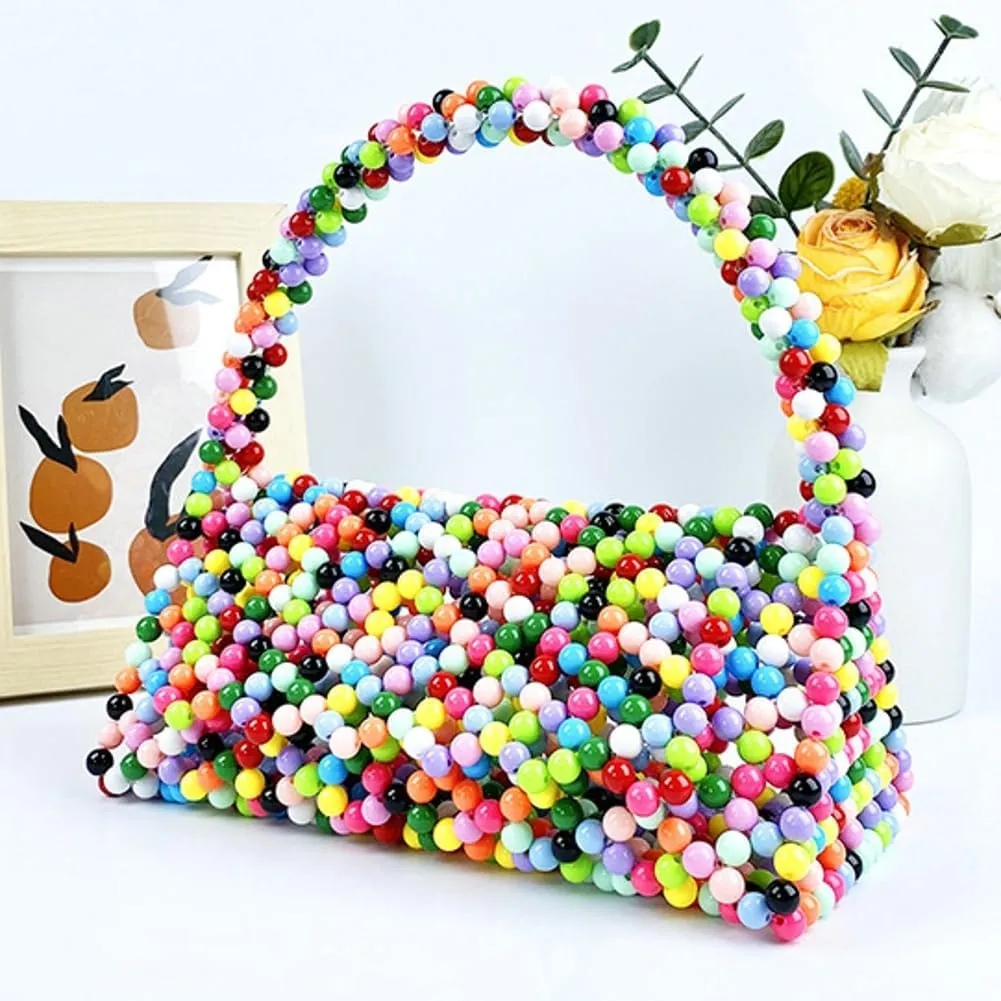 Women Beaded Evening Bag Trendy Acrylic Shoulder Purse Party Clutch Handmade Knit Tote Triangle Hobo Bags