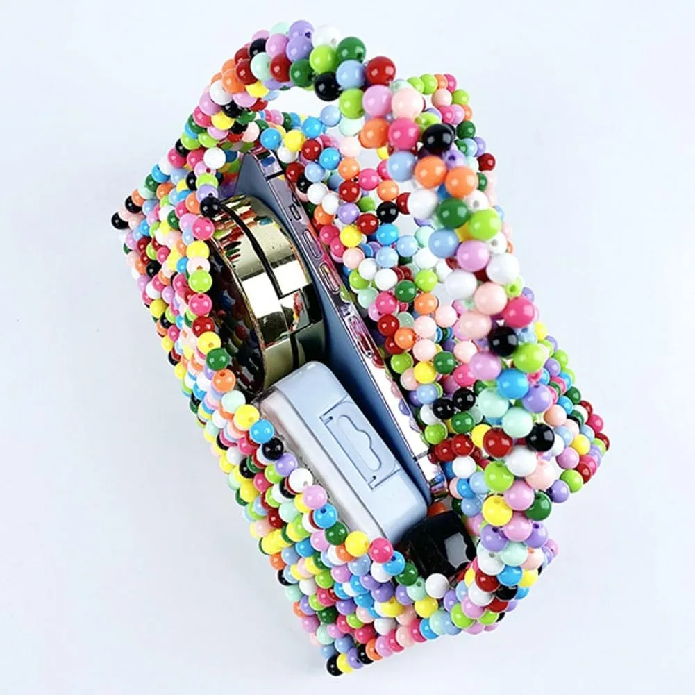 Women Beaded Evening Bag Trendy Acrylic Shoulder Purse Party Clutch Handmade Knit Tote Triangle Hobo Bags