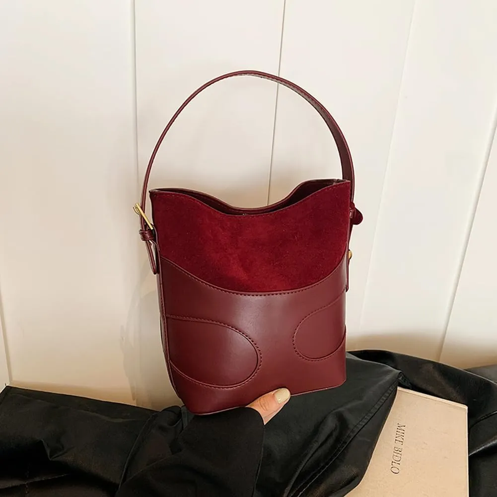 Women Faux Suede Bucket Bag Patchwork Shoulder Bag Large Capacity Stylish Crossbody Bag Solid Color Simple Messenger