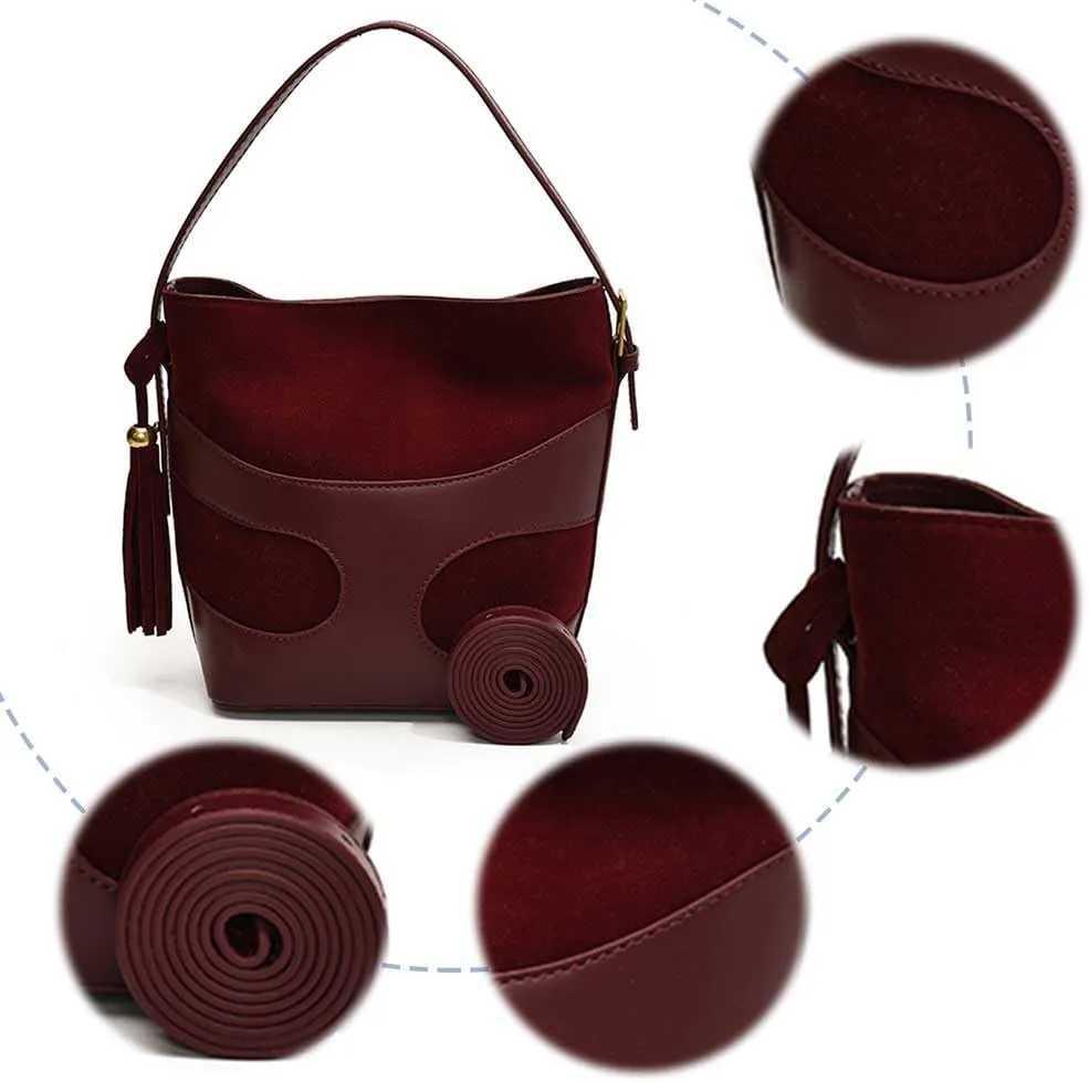Women Faux Suede Bucket Bag Patchwork Shoulder Bag Large Capacity Stylish Crossbody Bag Solid Color Simple Messenger