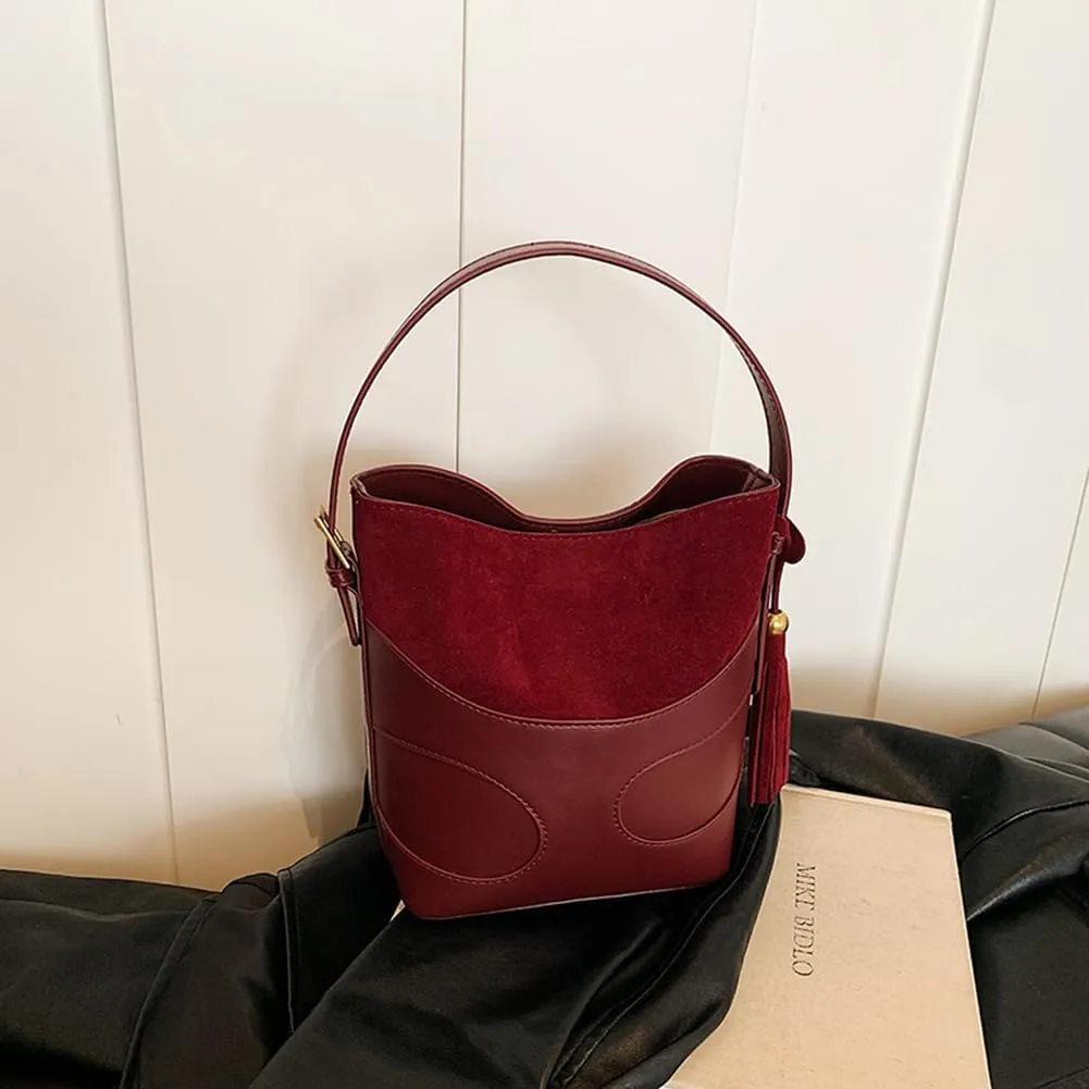 Women Faux Suede Bucket Bag Patchwork Shoulder Bag Large Capacity Stylish Crossbody Bag Solid Color Simple Messenger