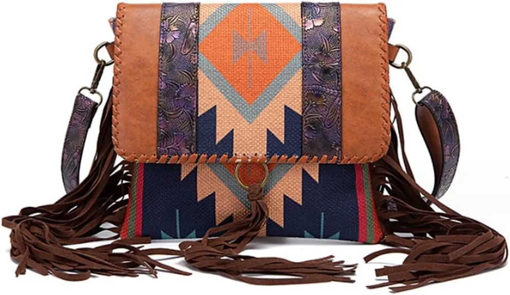 Women Retro Tassels Purse Crossbody Bag Faux Leather Trendy Print Shoulder Bags Satchel