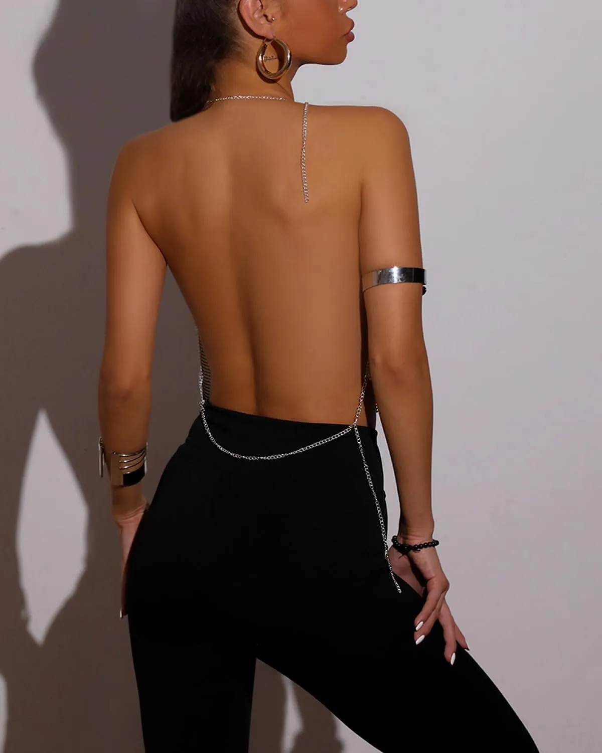 Women Rhinestone Tops Sparkly Sexy Deep V Backless Crop Top Sleeveless Hanging Neck Metal Chain Club Party Clubwear