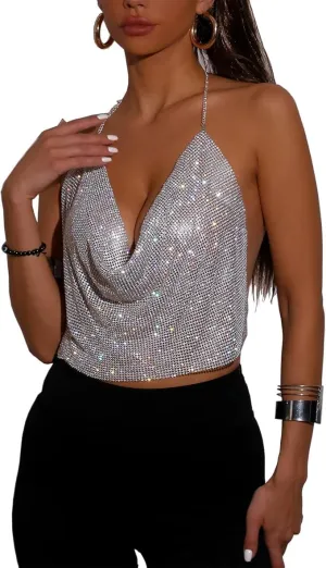 Women Rhinestone Tops Sparkly Sexy Deep V Backless Crop Top Sleeveless Hanging Neck Metal Chain Club Party Clubwear