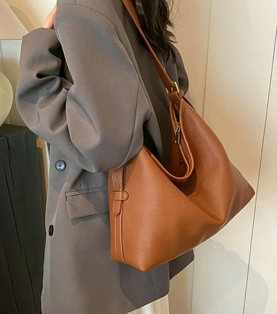 Women Slouchy Hobo Bags Vegan Leather Tote Bag Soft Causal Shoulder Purses 2 Pcs