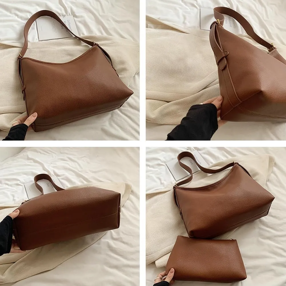 Women Slouchy Hobo Bags Vegan Leather Tote Bag Soft Causal Shoulder Purses 2 Pcs