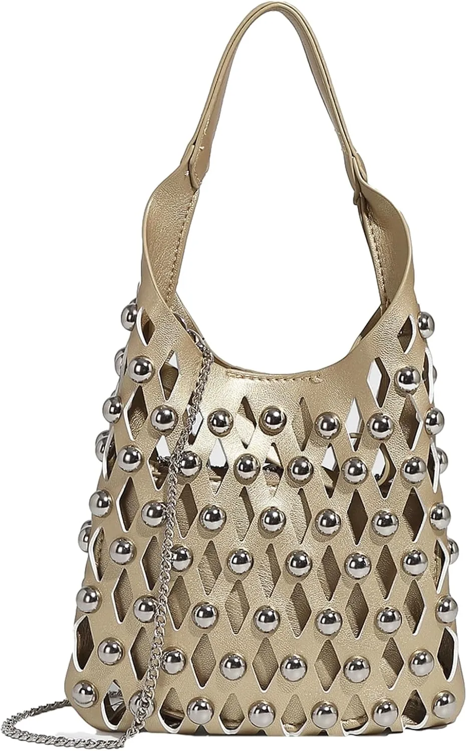 Women Studded Mesh Tote Handbag Hollow PU Leather Purse Punk Chain Crossbody Trendy Shoulder Bag Zip Pouch
