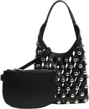 Women Studded Mesh Tote Handbag Hollow PU Leather Purse Punk Chain Crossbody Trendy Shoulder Bag Zip Pouch