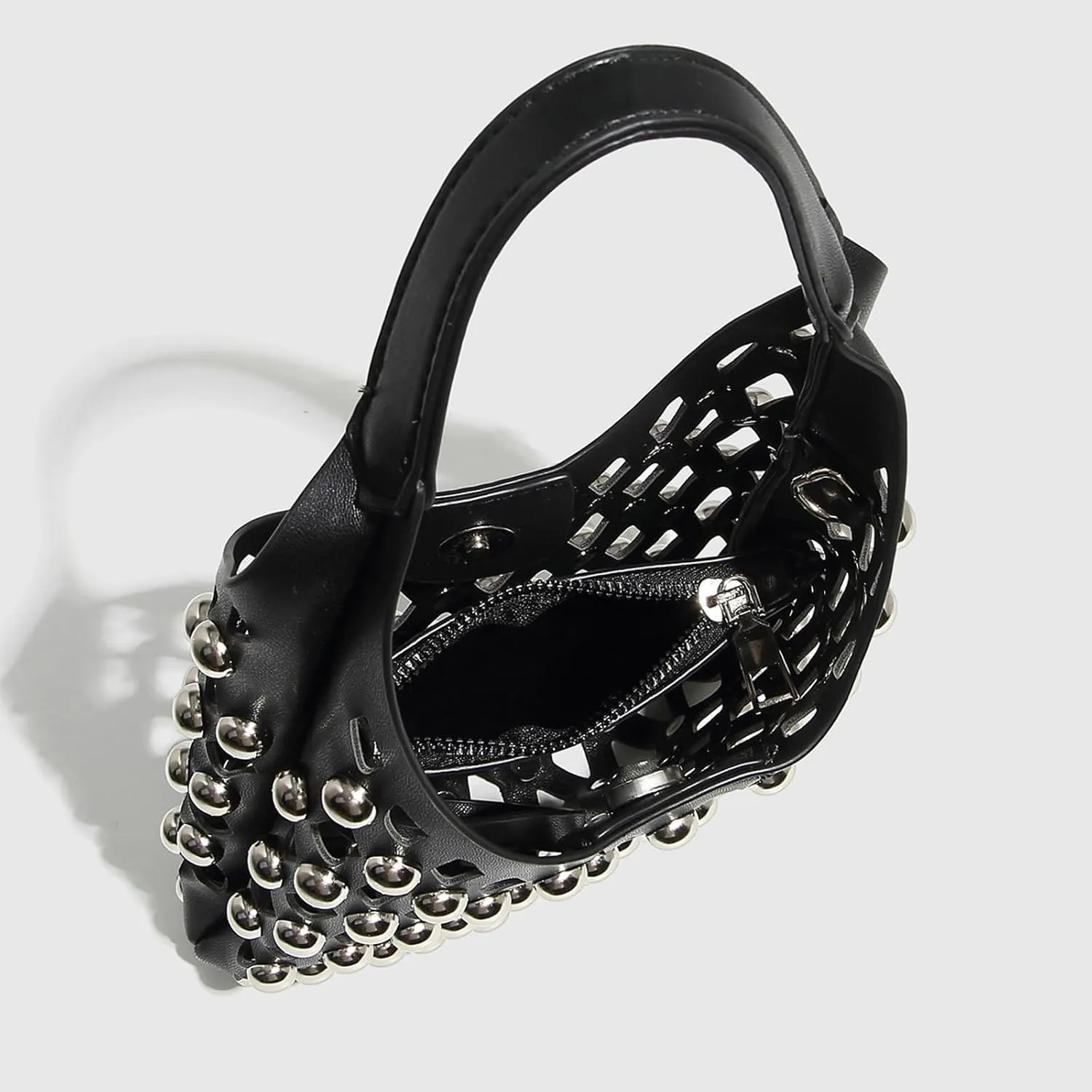 Women Studded Mesh Tote Handbag Hollow PU Leather Purse Punk Chain Crossbody Trendy Shoulder Bag Zip Pouch