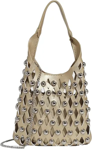 Women Studded Mesh Tote Handbag Hollow PU Leather Purse Punk Chain Crossbody Trendy Shoulder Bag Zip Pouch