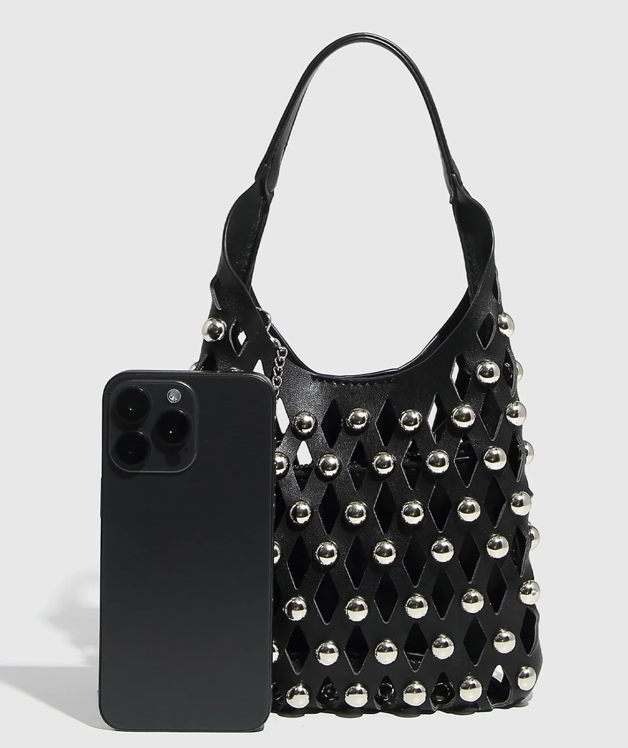 Women Studded Mesh Tote Handbag Hollow PU Leather Purse Punk Chain Crossbody Trendy Shoulder Bag Zip Pouch