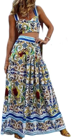 Womens Floral 2 Piece Skirt Sets Sleeveless Boho Crop Tank Top Maxi Skirt Summer Vacation Beach Matching Set