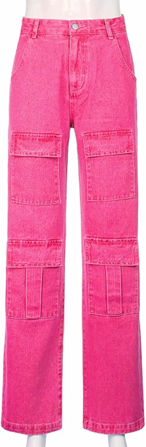 Women's High Waist Baggy Jeans Flap Pocket Relaxed Fit Straight Wide Leg Y2K Fashion Cargo Jeans