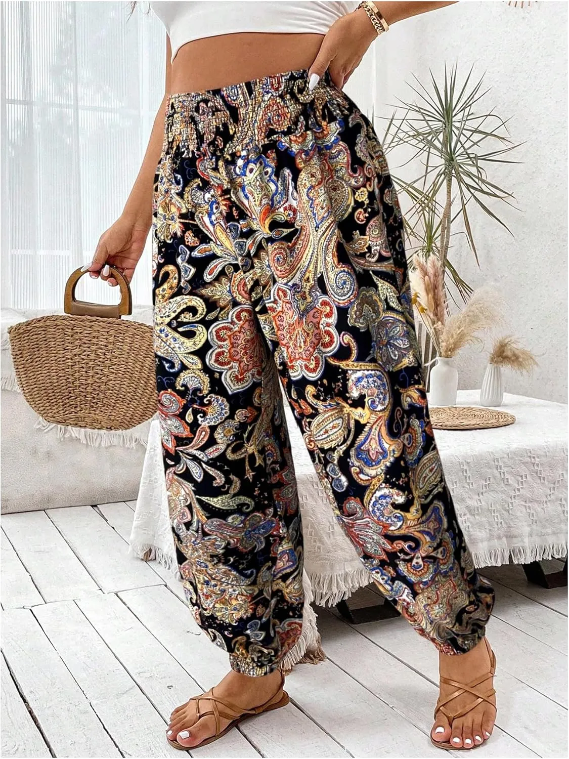Women's Plus Size Boho Paisley Jogger Pants Floral High Waisted Flowy Trousers