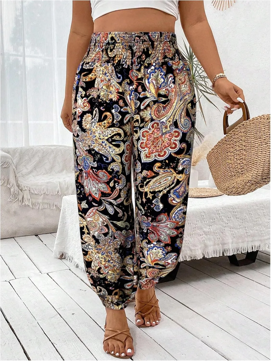 Women's Plus Size Boho Paisley Jogger Pants Floral High Waisted Flowy Trousers