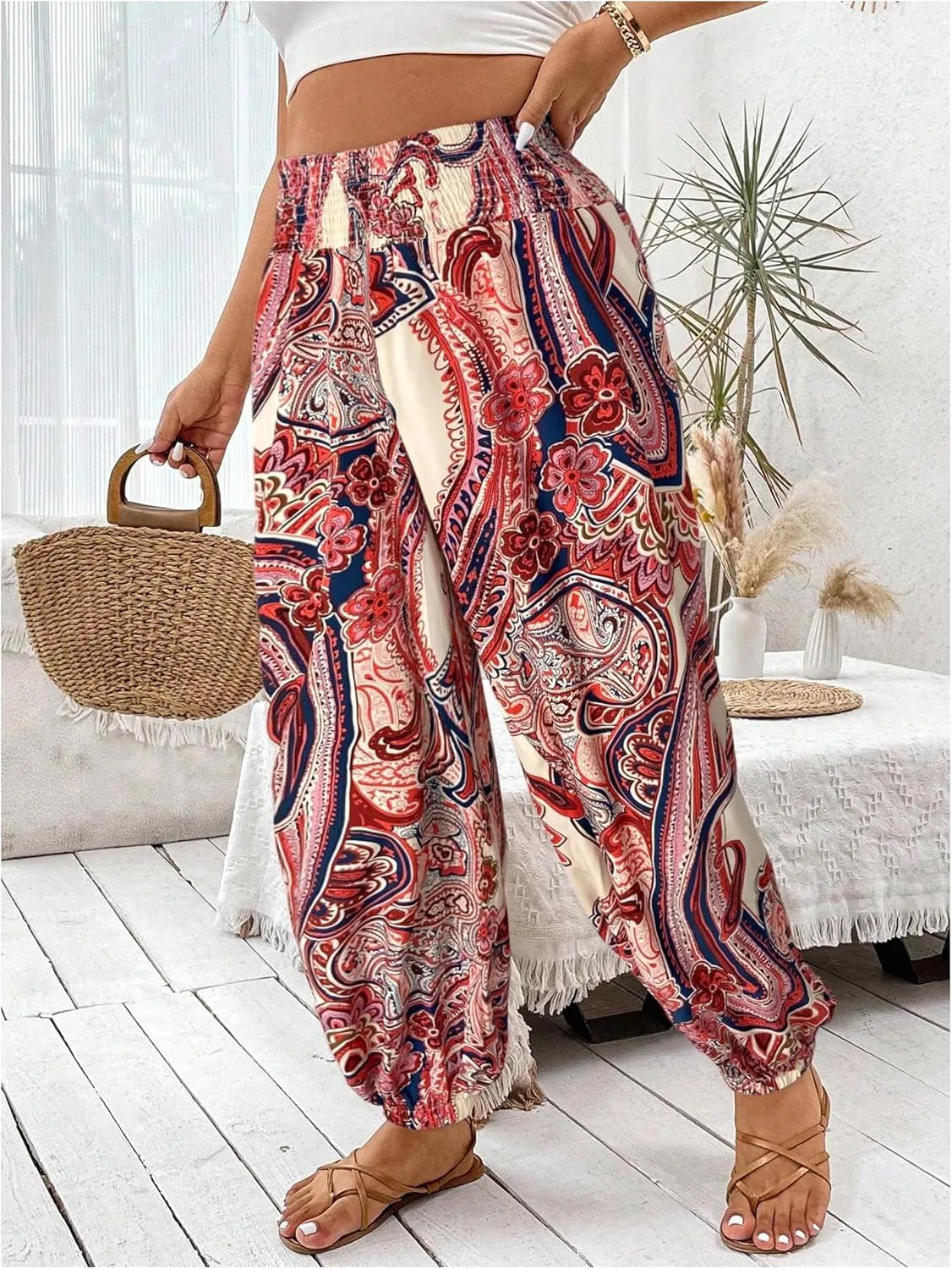 Women's Plus Size Boho Paisley Jogger Pants Floral High Waisted Flowy Trousers