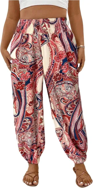 Women's Plus Size Boho Paisley Jogger Pants Floral High Waisted Flowy Trousers