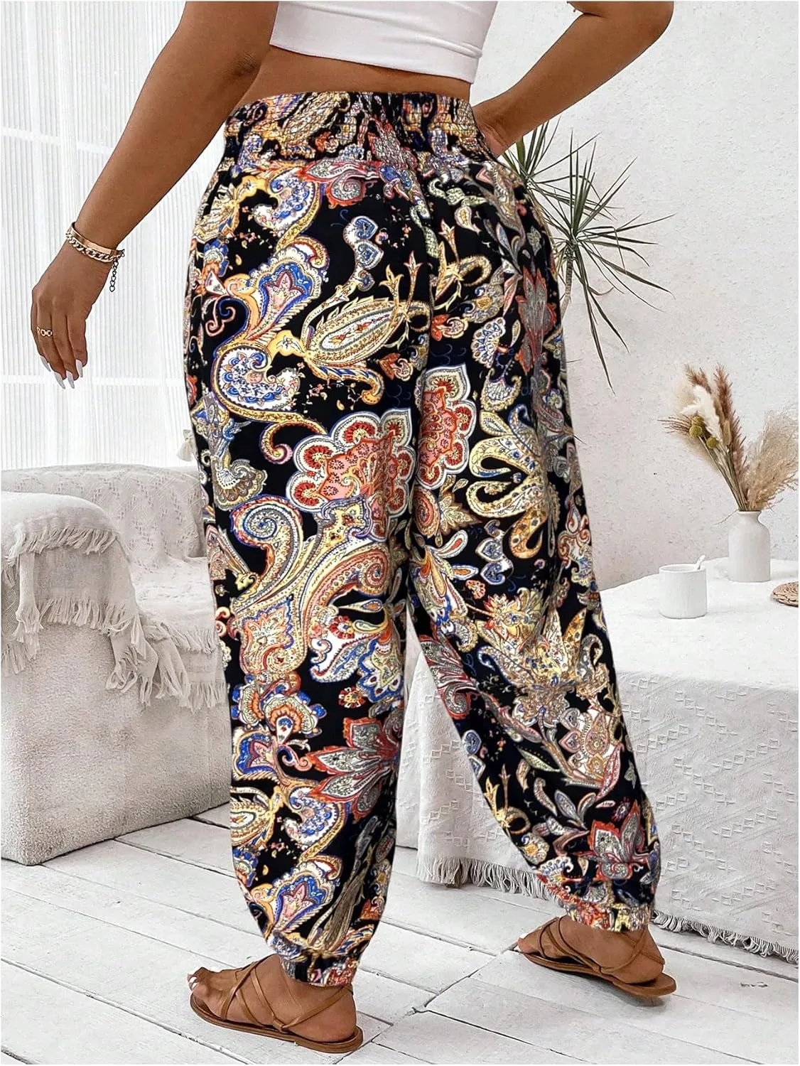Women's Plus Size Boho Paisley Jogger Pants Floral High Waisted Flowy Trousers