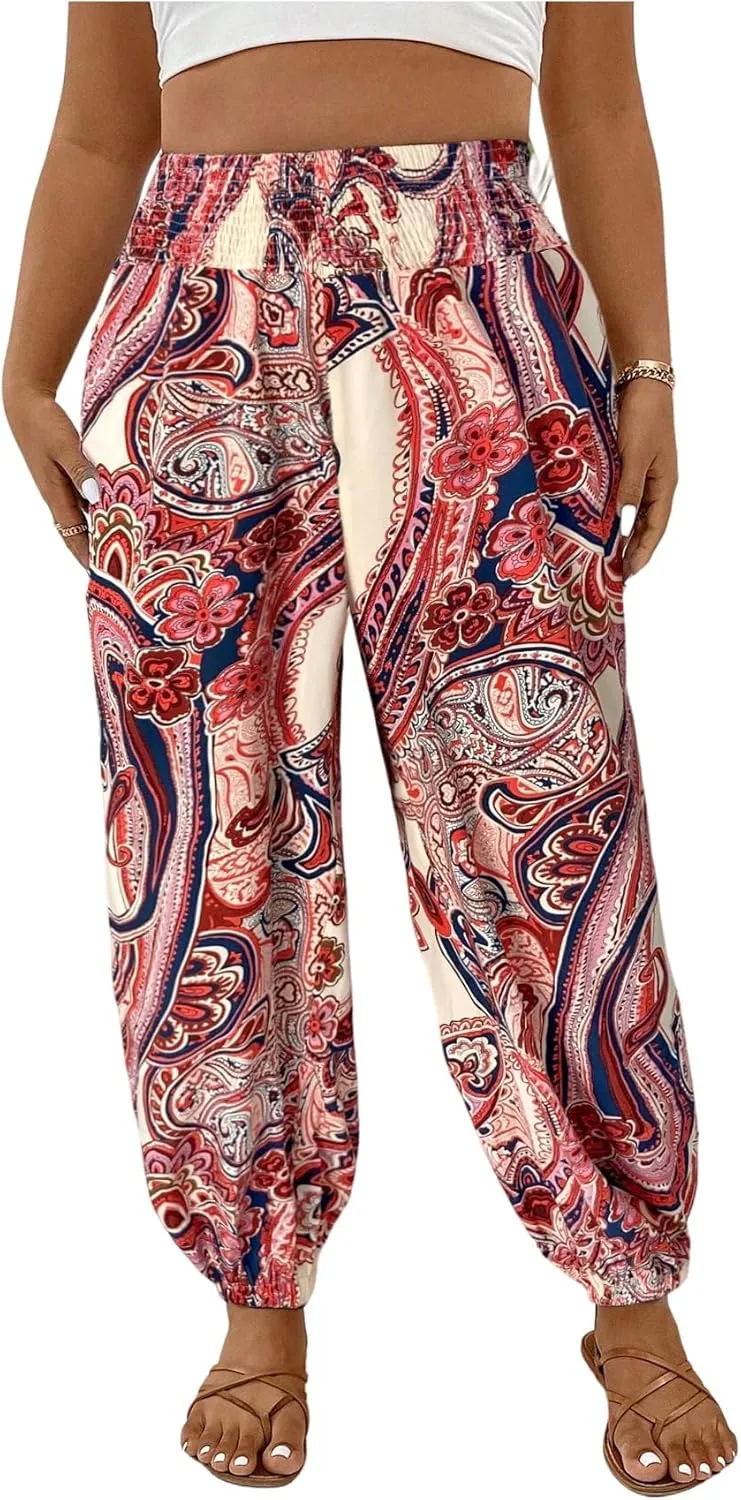 Women's Plus Size Boho Paisley Jogger Pants Floral High Waisted Flowy Trousers