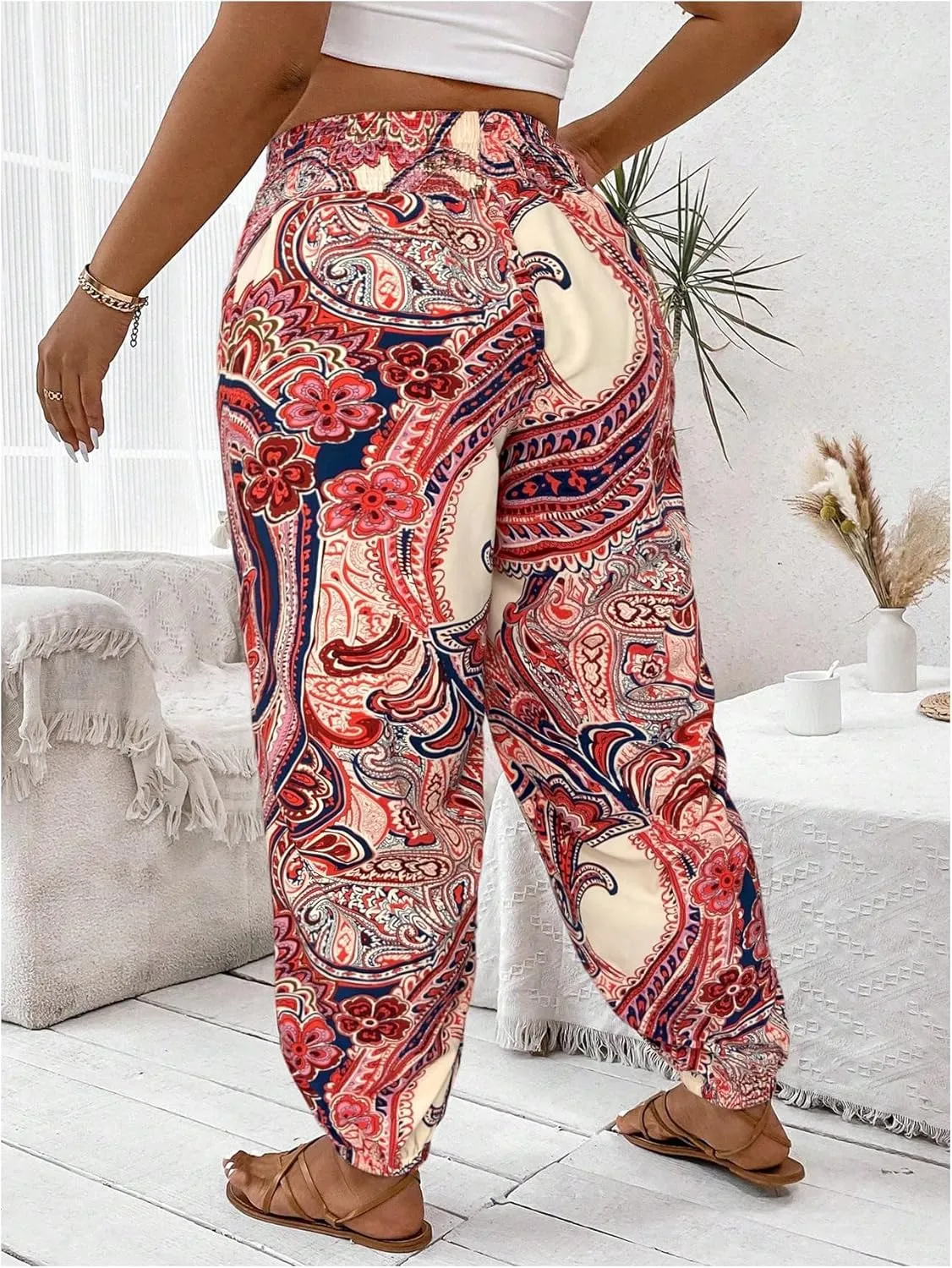 Women's Plus Size Boho Paisley Jogger Pants Floral High Waisted Flowy Trousers