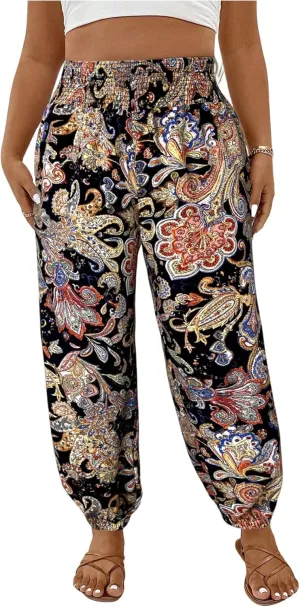 Women's Plus Size Boho Paisley Jogger Pants Floral High Waisted Flowy Trousers