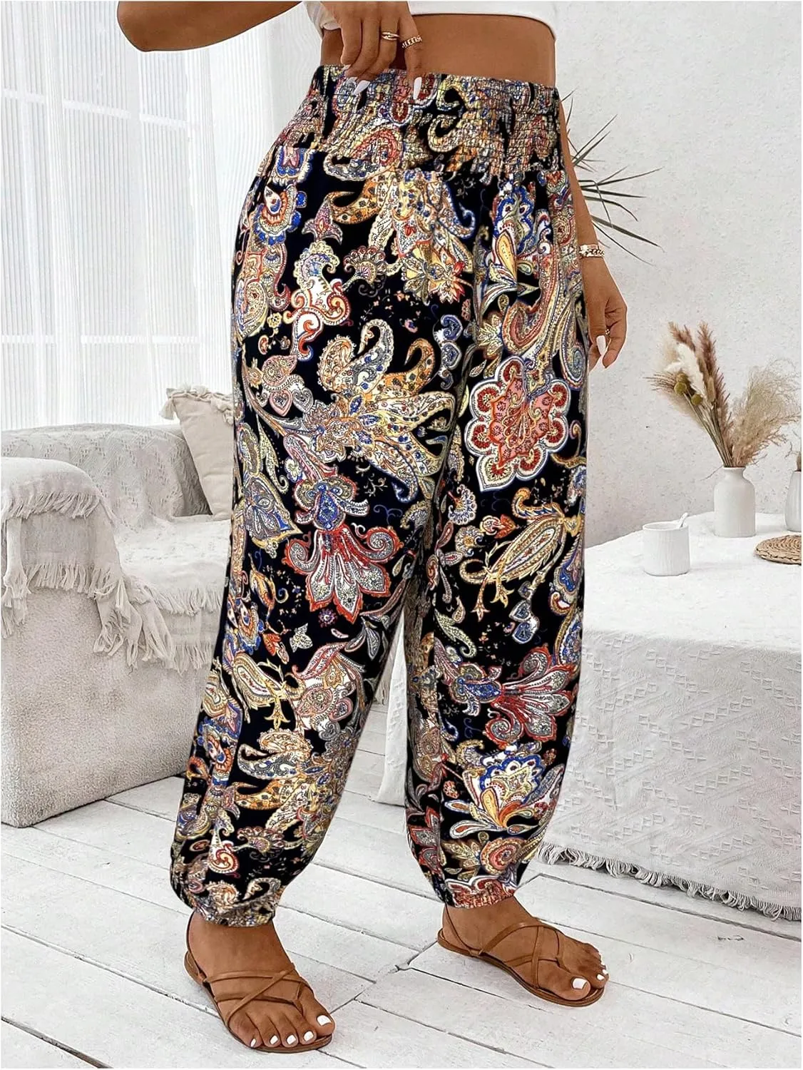 Women's Plus Size Boho Paisley Jogger Pants Floral High Waisted Flowy Trousers