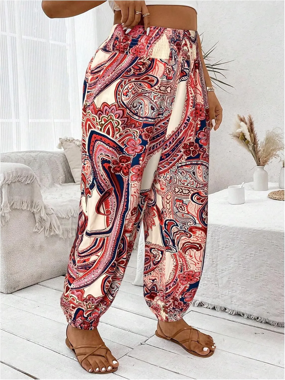 Women's Plus Size Boho Paisley Jogger Pants Floral High Waisted Flowy Trousers