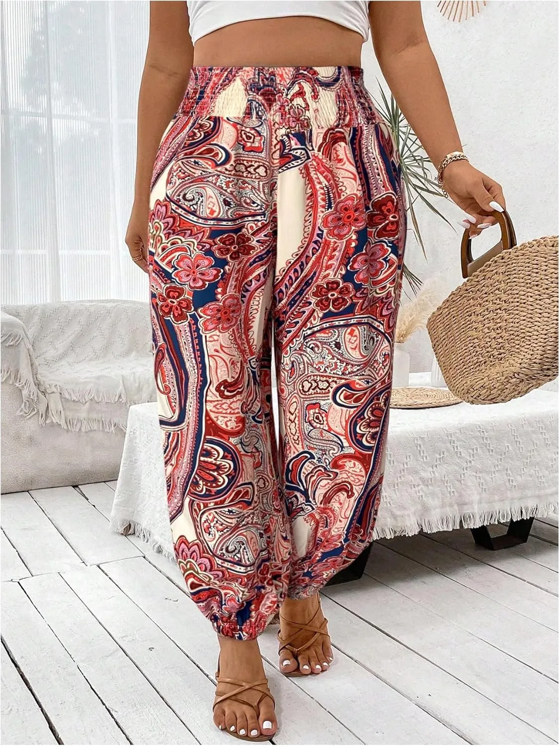 Women's Plus Size Boho Paisley Jogger Pants Floral High Waisted Flowy Trousers