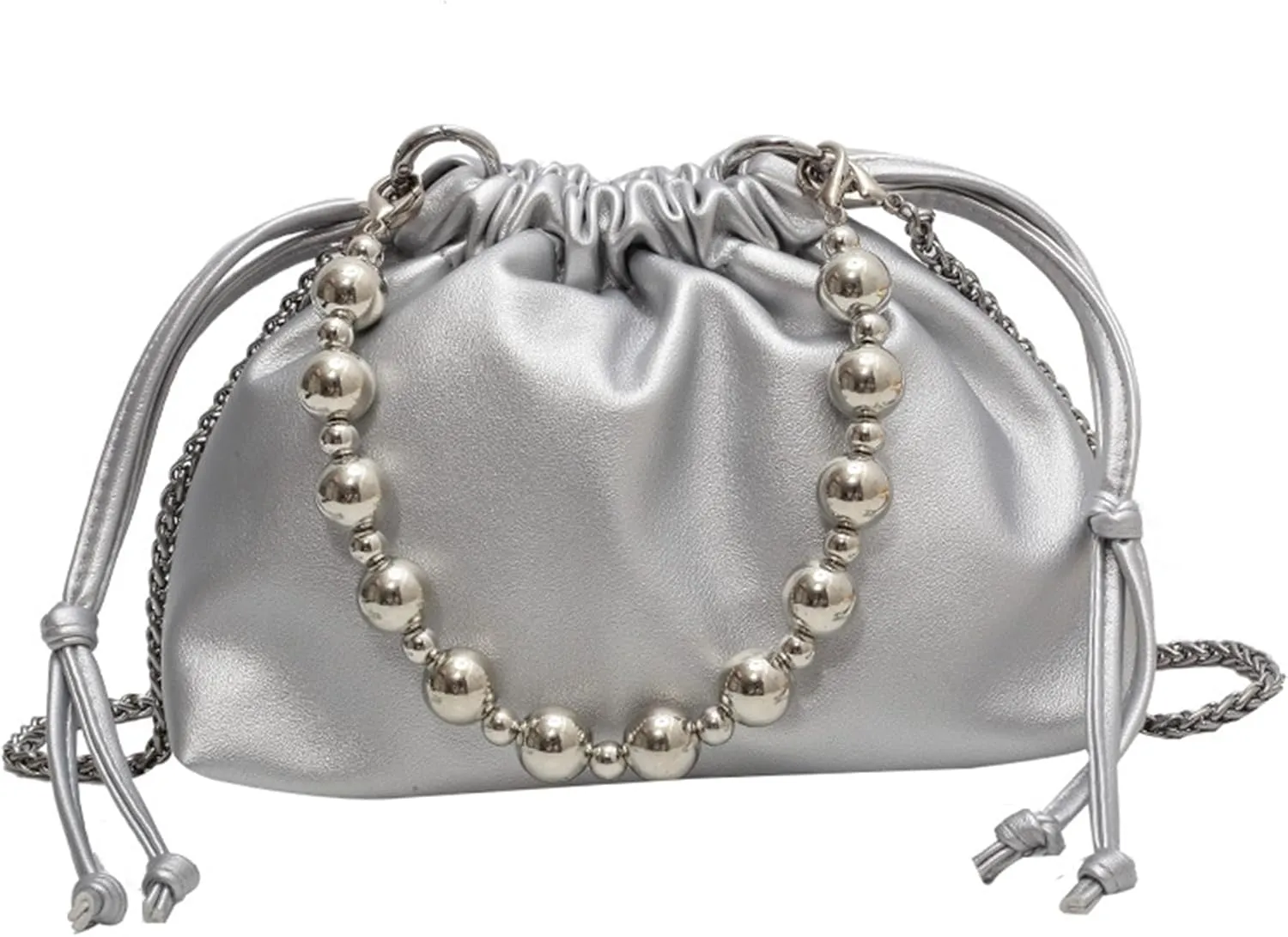 Women's PU Leather Crossbody Drawstring Shoulder Handbag Beads Bucket Bag Chain Satchel Purse for Prom Party Weddingbag1813OWOISS