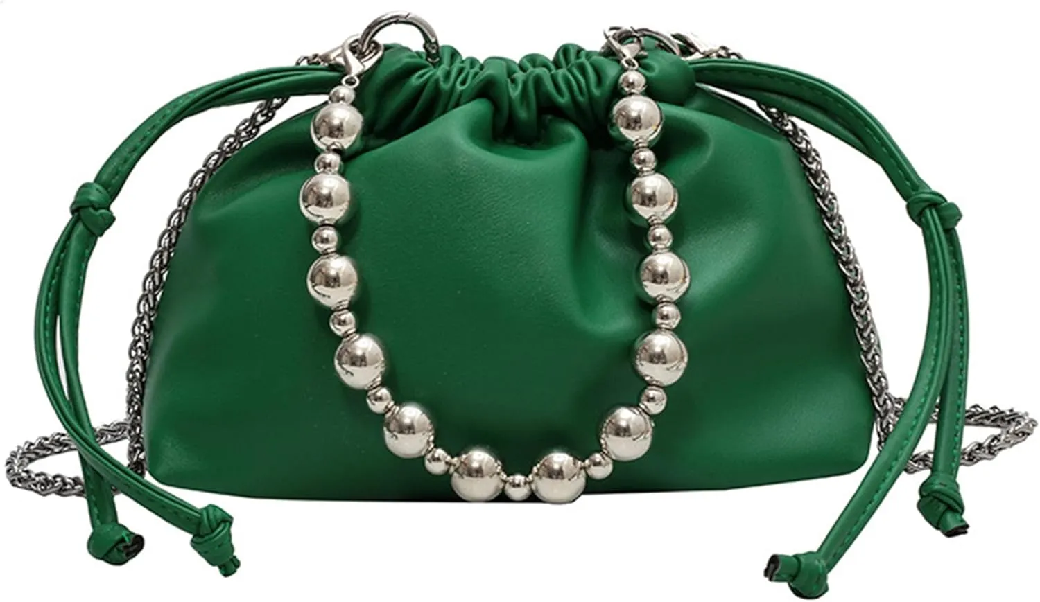Women's PU Leather Crossbody Drawstring Shoulder Handbag Beads Bucket Bag Chain Satchel Purse for Prom Party Weddingbag1814OWOISS