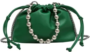 Women's PU Leather Crossbody Drawstring Shoulder Handbag Beads Bucket Bag Chain Satchel Purse for Prom Party Weddingbag1814OWOISS