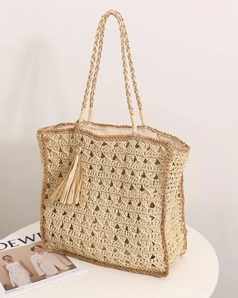 Women's Straw Tote Bag Beach Purse Trendy Woven Top Handle Handbag Large Casual Hobo Shoulder Bags
