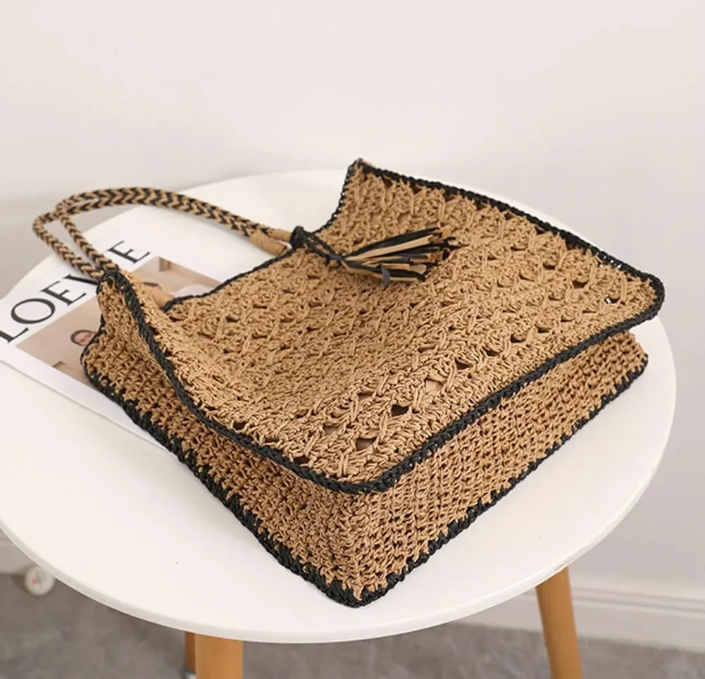 Women's Straw Tote Bag Beach Purse Trendy Woven Top Handle Handbag Large Casual Hobo Shoulder Bags