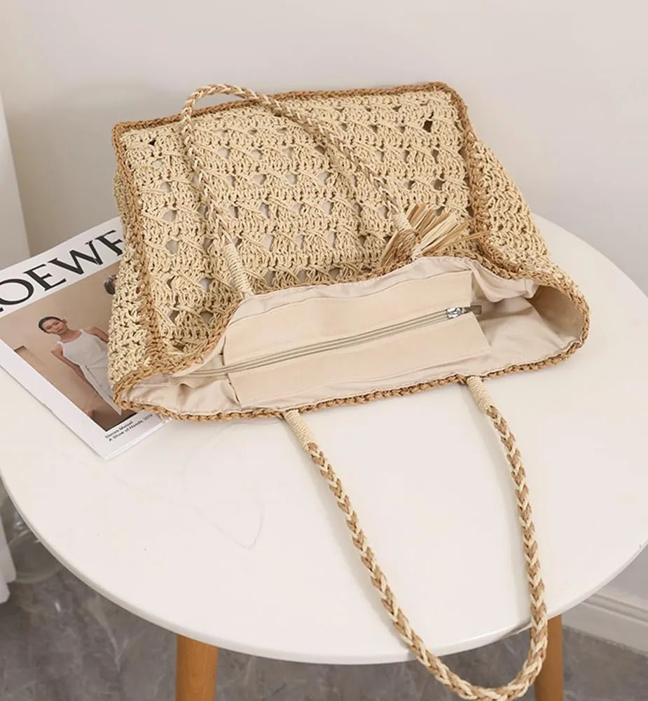 Women's Straw Tote Bag Beach Purse Trendy Woven Top Handle Handbag Large Casual Hobo Shoulder Bags