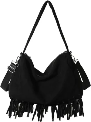Womens Suede Pillow Bag Slouchy Crossbody Bag Hobo Bag Boston Bag Shoulder Bag Carryall Bag Tote Bag Purse with Tassel