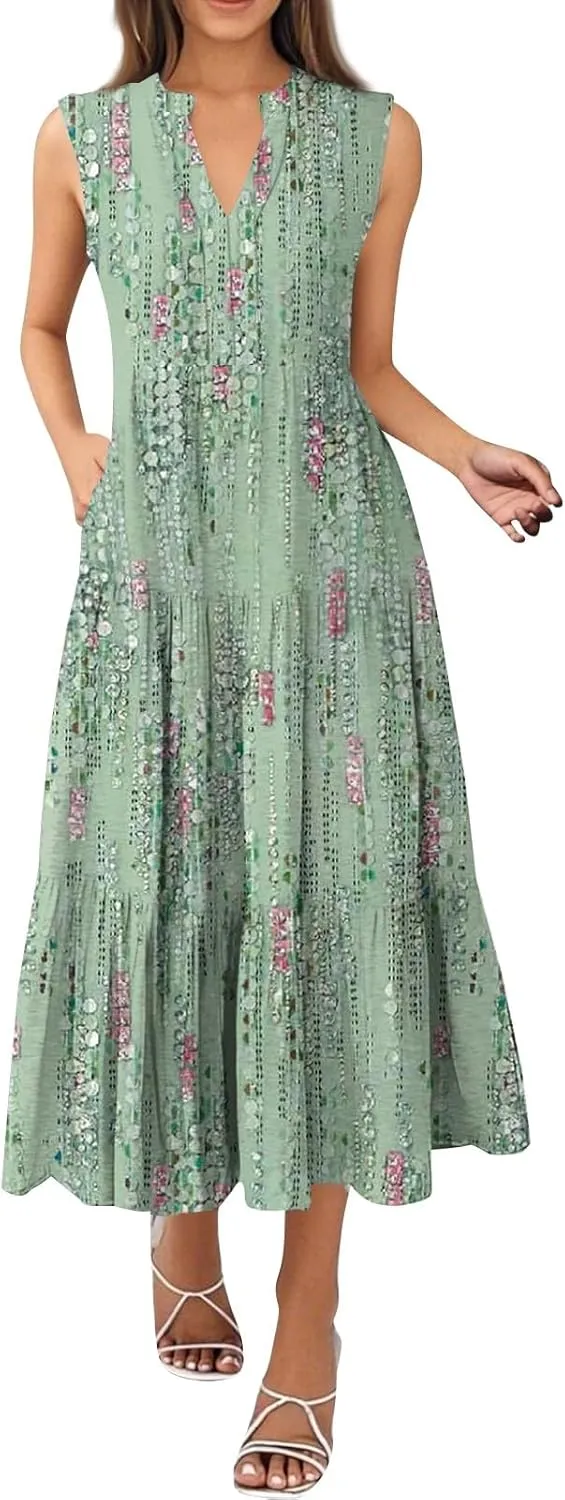 Womens Summer Maxi Dresses Vintage Floral Sleeveless Drop Waist A-Line Flowy Tiered Boho Long Beach Tank Sundress
