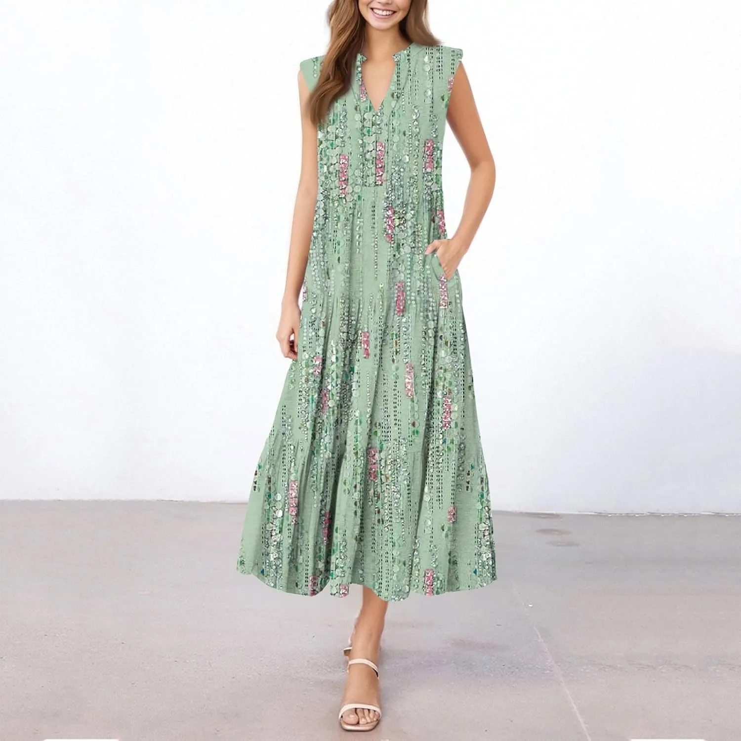 Womens Summer Maxi Dresses Vintage Floral Sleeveless Drop Waist A-Line Flowy Tiered Boho Long Beach Tank Sundress