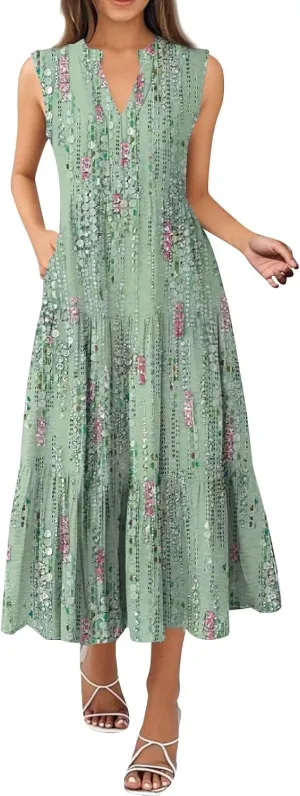 Womens Summer Maxi Dresses Vintage Floral Sleeveless Drop Waist A-Line Flowy Tiered Boho Long Beach Tank Sundress