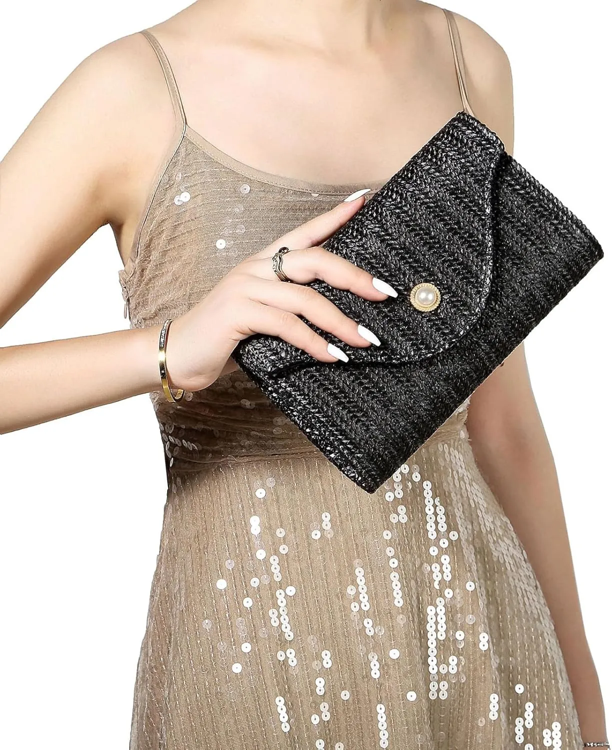 Womens Trendy Straw Clutch Bag Straw Crossbody Bags For Women Summer Vacation Beach Purse Evening Purse With Pearl