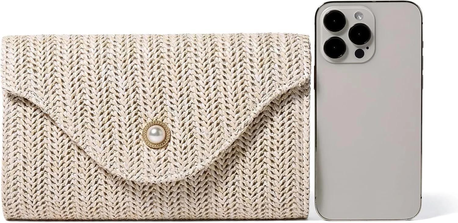 Womens Trendy Straw Clutch Bag Straw Crossbody Bags For Women Summer Vacation Beach Purse Evening Purse With Pearl