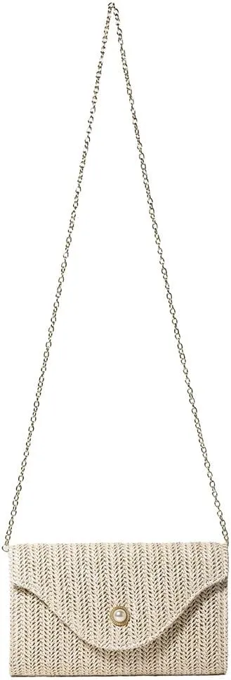 Womens Trendy Straw Clutch Bag Straw Crossbody Bags For Women Summer Vacation Beach Purse Evening Purse With Pearl