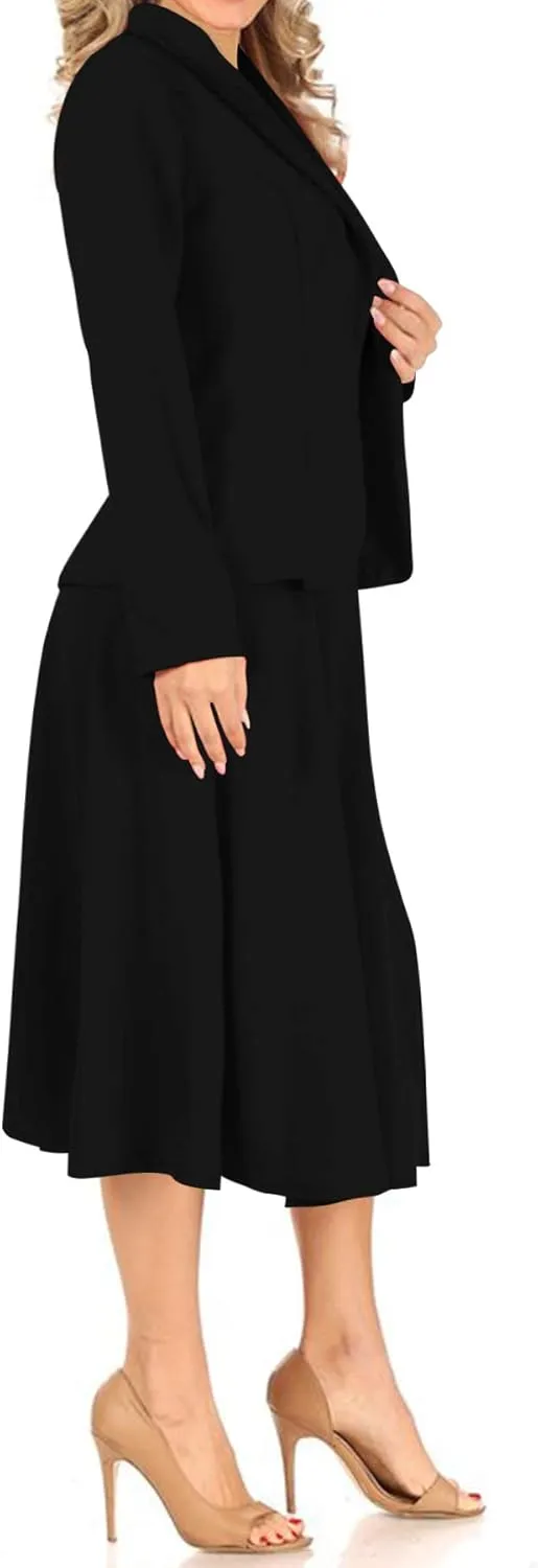 Women's Two Piece Lightweight Solid Long Sleeve Casual Blazer Relaxed A-Line Midi Skirt