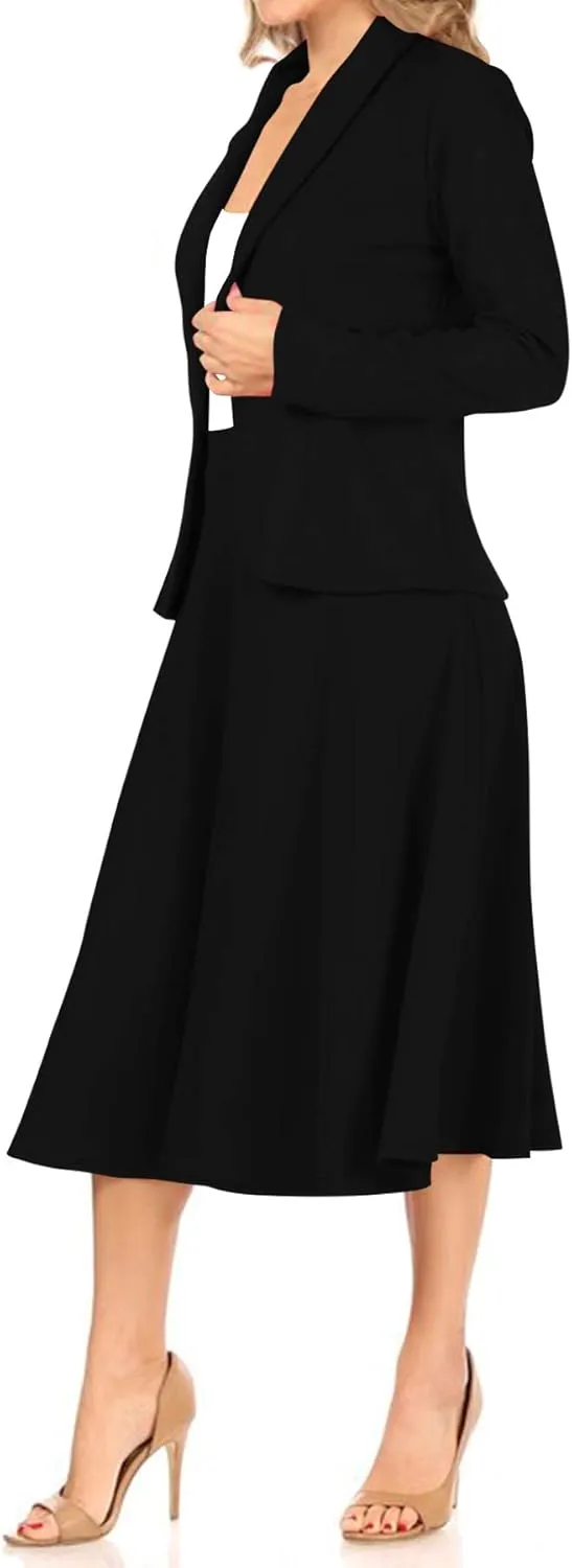 Women's Two Piece Lightweight Solid Long Sleeve Casual Blazer Relaxed A-Line Midi Skirt